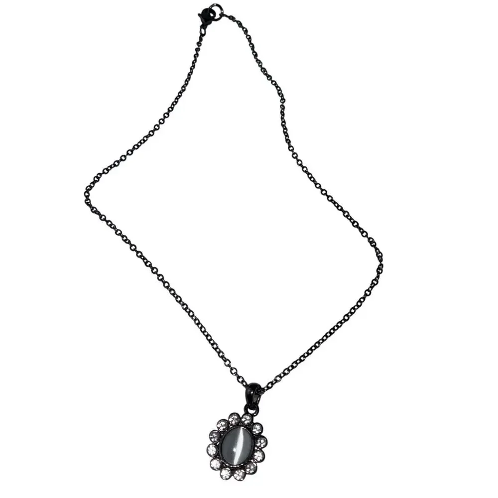 Cat Eye Stone Halo Rhinestone Pendant Necklace Dark Tone Chain Goth Witchy Moon